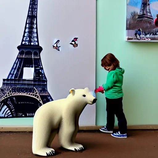 Image similar to A polar bear painting easter eggs in front of the Eiffel Tower