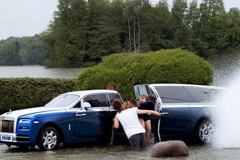 Image similar to Group of teenagers push Rolls-Royce into lake from small slide