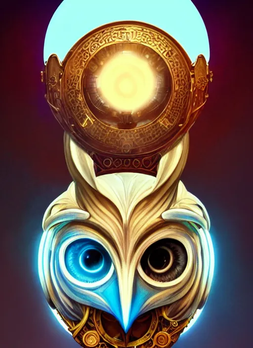 Image similar to the pale blond sun god apollo smirking, owl helmet, full body shot, steampunk, glowing eyes, volumetric lights, red and cyan theme, art nouveau botanicals, intricate, highly detailed, digital painting, artstation, concept art, smooth, sharp focus, cinematic, illustration, beautiful face, art by artgerm and greg rutkowski and alphonse mucha