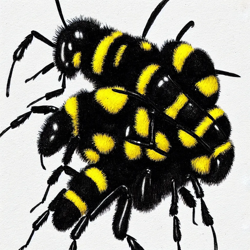 Prompt: a bumblebee with a jetpack on its back, drawn with a black 0. 3 mm fineliner on a white paper