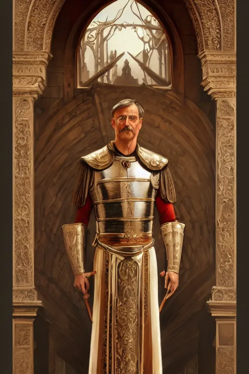 Image similar to medieval rome emperor, realistic portrait full body, symmetrical, highly detailed, digital painting, artstation, concept art, smooth, sharp focus, illustration, cinematic lighting, art by artgerm and greg rutkowski and alphonse mucha