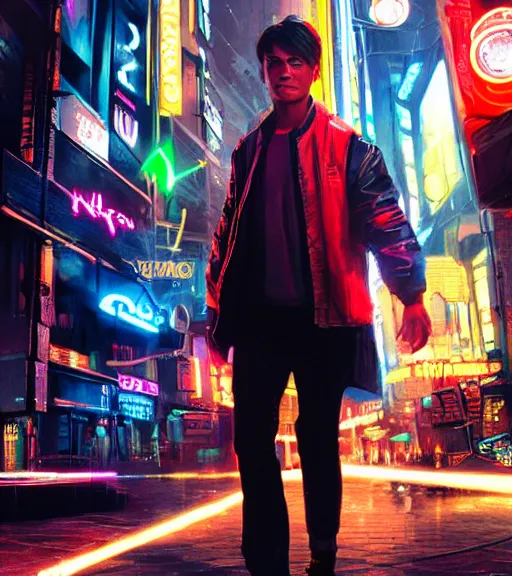 Image similar to marty mcfly wearing a futuristic outfit in a cyberpunk city, neon signs, futuristic, realistic, 8 k, extremely detailed, cgi, trending on artstation, hyper - realistic render, 4 k hd wallpaper, premium prints available, by greg rutkowski, esuthio, craig mullins, dystopian scifi gear, gloomy