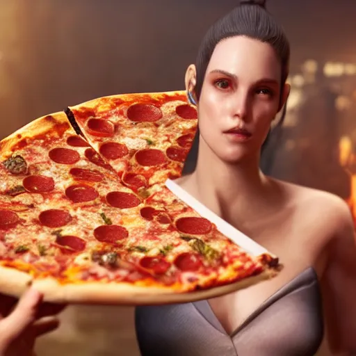 Image similar to man is surprised by pizza, photo by artgerm, greg rutkowski and alphonse mucha, unreal engine 5, 4 k uhd