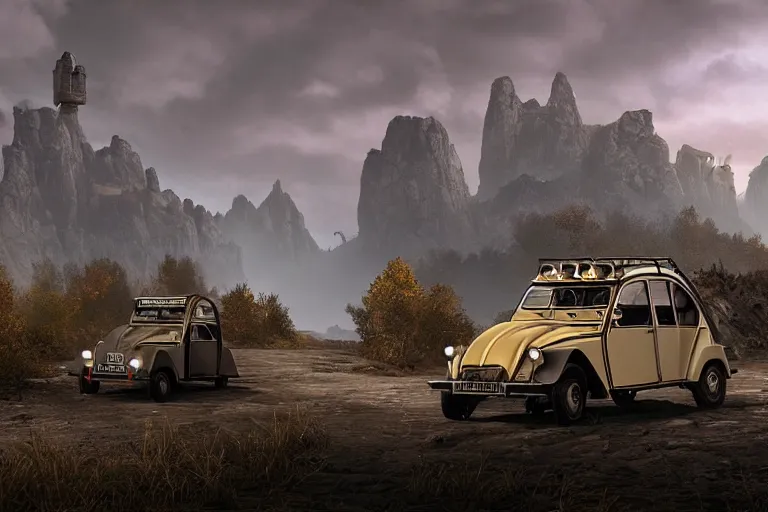 Image similar to offroad citroen 2 cv ( 1 9 6 5 ) driving across the rift, daedric longsword attached to the side, leather and cloth traveller bags on roof, riften city in the background, epic fantasy, autumn, the elder scrolls v : skyrim, dramatic lighting, establishing shot, by simon stalenhag