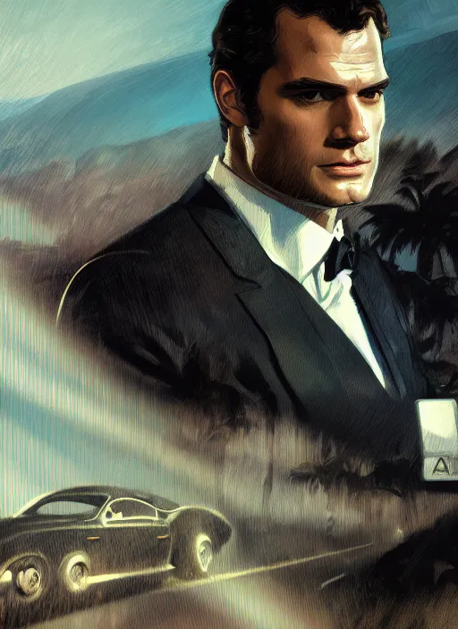 Image similar to portrait of henry cavill as james bond, key art, sprinting, palm trees, vintage aston martin, highly detailed, digital painting, artstation, concept art, cinematic lighting, sharp focus, illustration, by gaston bussiere alphonse mucha