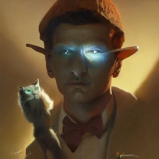 Prompt: face head eyes fuzzy ears kitty cat tabby international spy 007 wearing a nanotech tuxedo concealing a sword jordan grimmer maxfield parrish cristi balanescu ross tran christophe young dug stanat jakub rebelka oil painting impasto