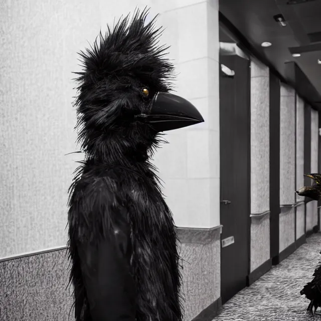 Image similar to a person wearing a fursuit of a crow fursona, fursona, furry convention, hotel lobby, indoors, photograph, furry fandom, photorealistic,