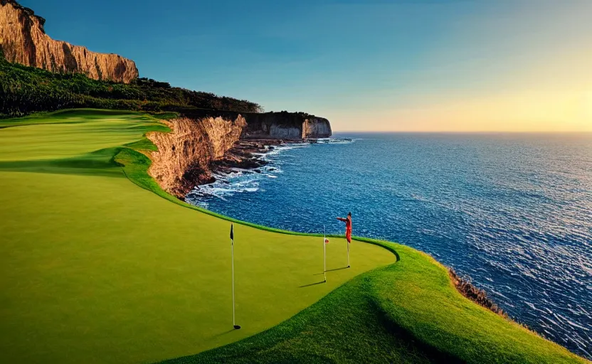 Image similar to a great photograph of the most amazing golf hole in the world, cliffs by the sea, perfect green fairway, human perspective, ambient light, 5 0 mm, golf digest, top 1 0 0, golden hour