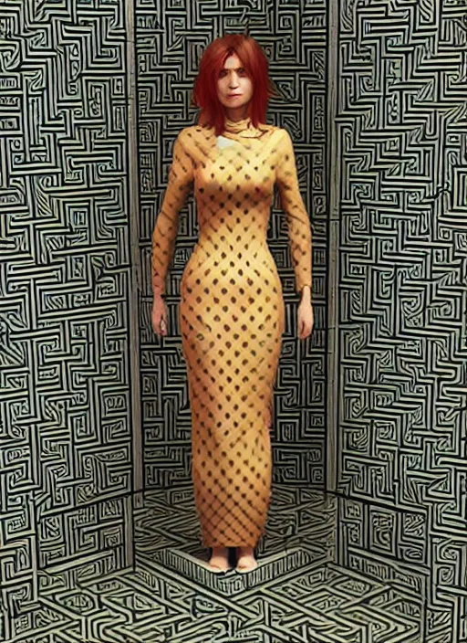 Image similar to : women with covered maze pattern skin hyperbolic background dalle2 3d render unity unrealengine octane