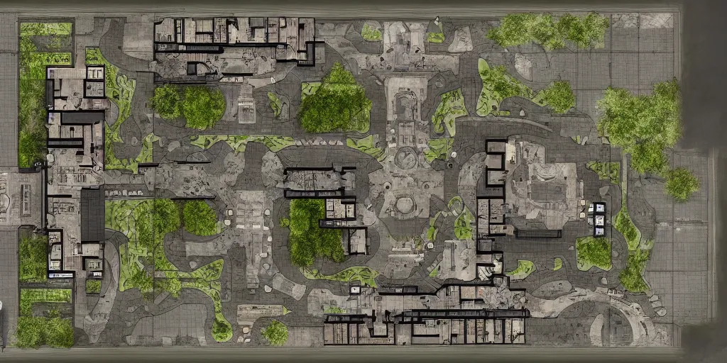 Prompt: small architectural floor plan gears of war map meets architectural floor plan call of duty map, symmetrical outpost