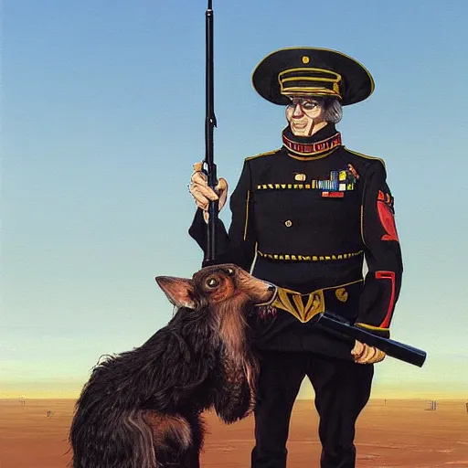 Prompt: peter elson painting of an old anthropomorphic dog in an army uniform