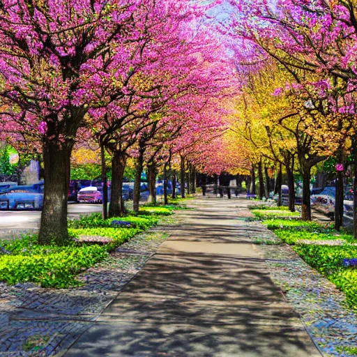 Image similar to a landscape of spring in the big city, trees are filled with color with flowers and plantlife blooming with vigor and grace