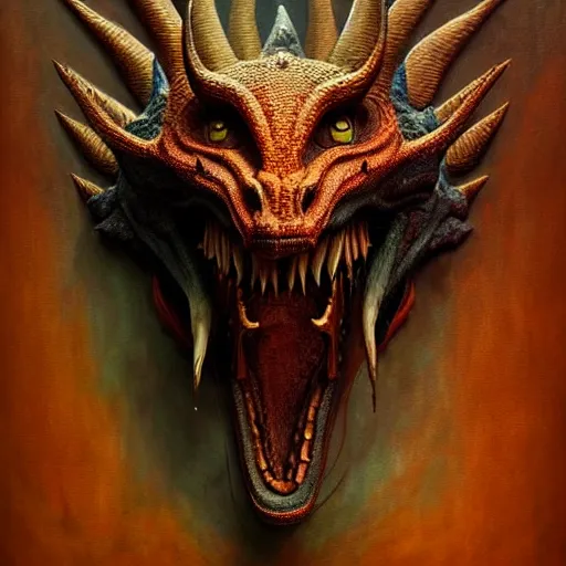 Image similar to a chthonic dragon head art by Daniel Dos Santos, Beksinski, Giger, intricate colourfully painted carved wood paneling, dark souls, ivory and copper , artstation