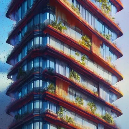 Prompt: multistory building, full of tropical plants overgrowing, glass openings, red parametric mesh and fabric in the facede, housing architecture, classical architecture, brutalist architecture, blue hour, trending on artstation, after rain, cinematic, intricate, by greg rutkowski, award winning