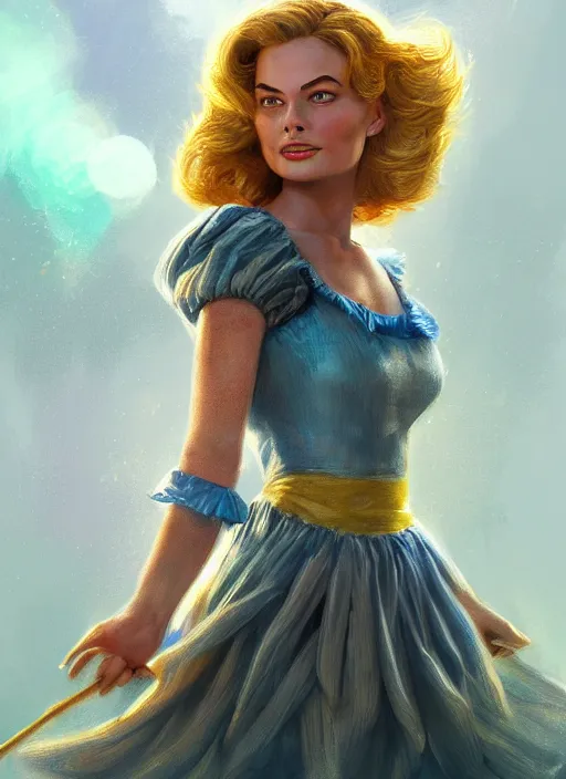 Image similar to beautiful female dorothy gale, margot robbie as dorothy, full body character concept, armor, super powers, fantasy, intricate, elegant, highly detailed, digital painting, artstation, concept art, shining, sharp focus, illustration, art by stanley lau