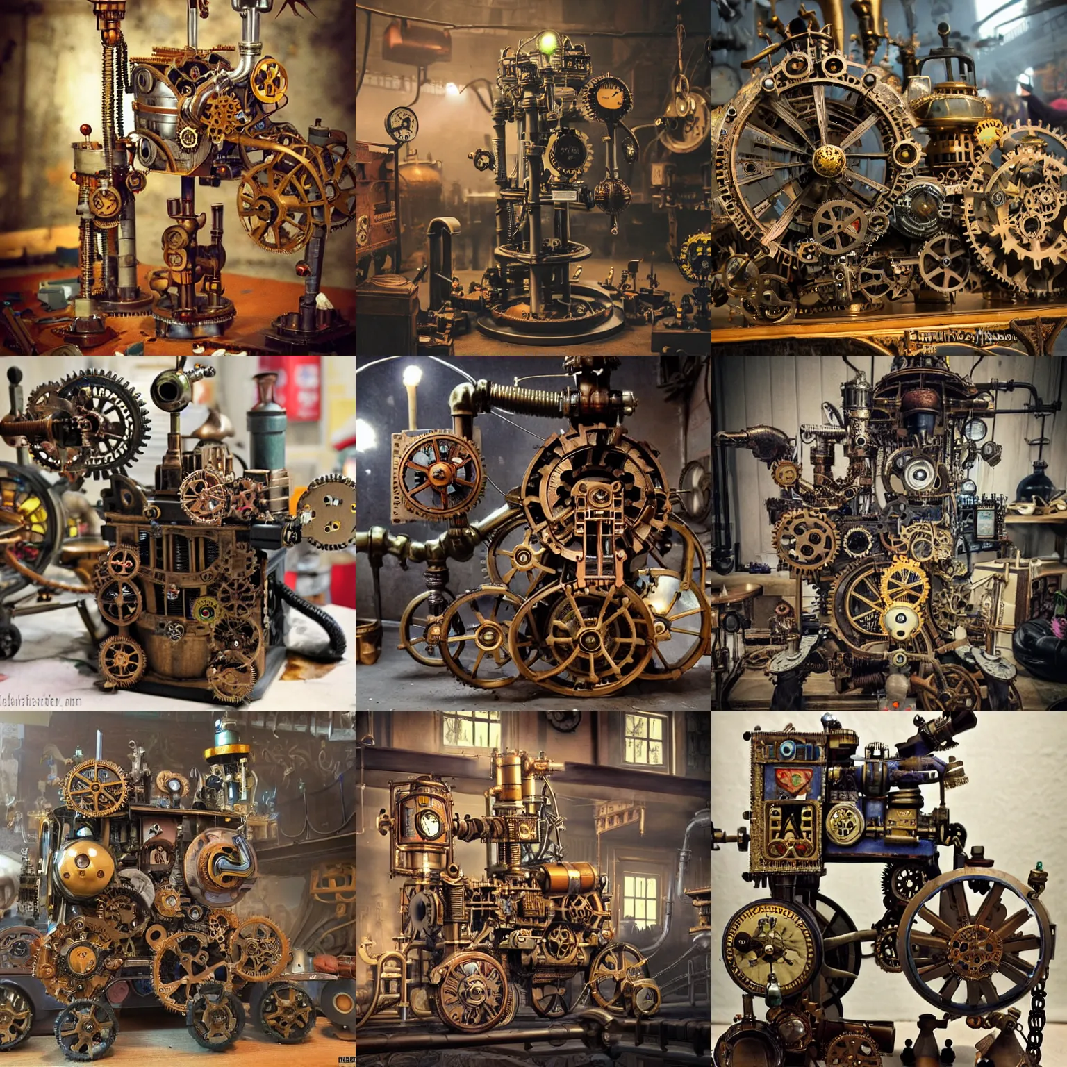 Prompt: A steampunk mecanical machine crafting happiness for a crowd of kids, smog atmosphere, dimmed lights, intricated details