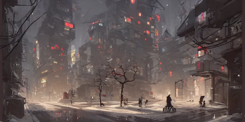 Image similar to japan's architectural street, snow in the city, buildings surrounded by cherry trees, cyberpunk, trends in artstation by peter mohrbacher,