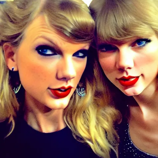 Image similar to a selfie of taylor swift and taylor swift, medium shot, detailed eyes,