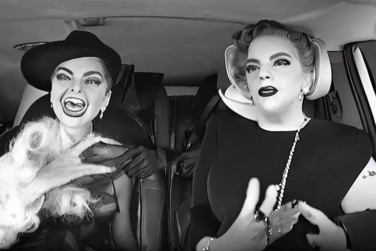 Prompt: lady gaga and judy garland doing carpool karaoke, lady gaga and judy garland, carpool karaoke, lady gaga, judy garland, carpool karaoke, youtube video screenshot, the late late show with james cordon