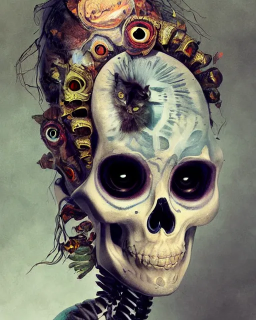 Image similar to a surrealistic head and shoulder painting of a gorgeous female skeleton with cat eyeballs and lipstick and hoodie, in the style of sir james guthrie and greg rutkowski, digital art, detailed masterpiece