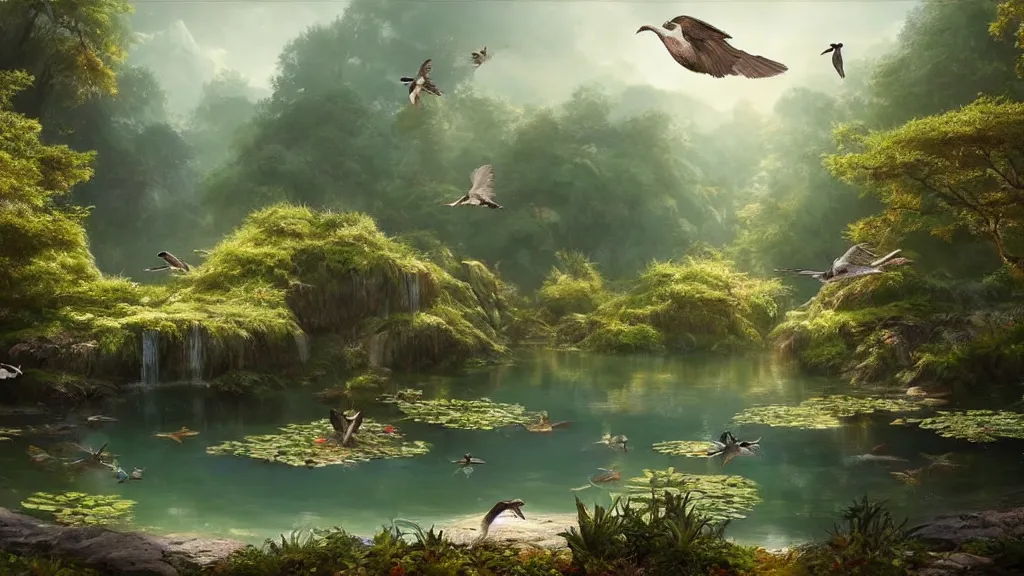 Image similar to a ultradetailed beautiful matte painting of a peaceful pond with a clear water as a large group of amazingly birds taking flight, dramatic lighting, dynamic lighting, cinematic lighting, by krenz cushart and artgerm, unreal engine, featured on artstation