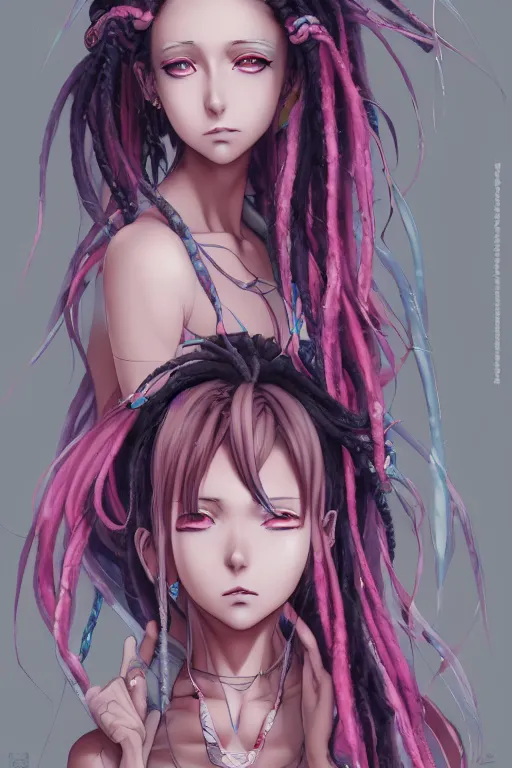 Image similar to portrait of an anime manga girl with pink and white snake dreads, straight on portrait, by artgerm, james jean, tom bagshaw, gerald brom, vaporwave colors, lofi colors, vaporwave, lofi, goth vibe, 4 k, smooth, hd, substance designer render, full body character concept art, symmetrical,