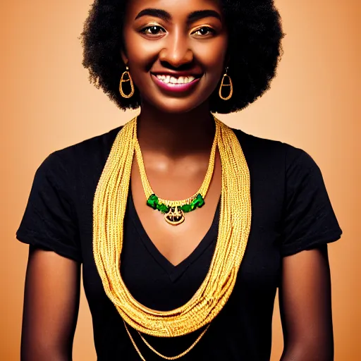 Prompt: portrait of a beautiful black woman wearing a gold and jade necklace of intricate design