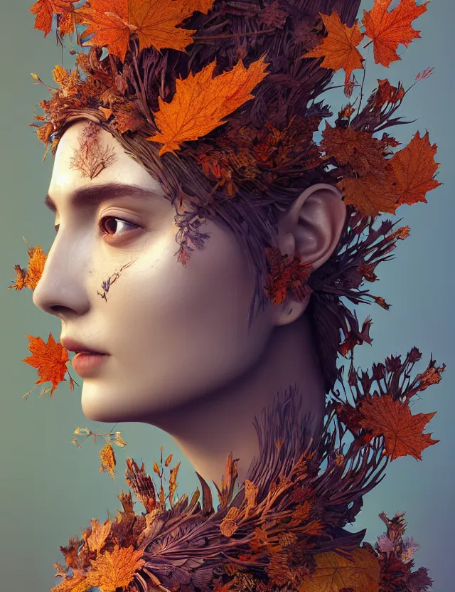 Image similar to 3 d goddess close - up profile portrait wearing a beautiful intricately detailed autumn mask, fall leaves, thistles, phoenix, dried plants, foxes, wind, creature, artwork by tooth wu and wlop and beeple and greg rutkowski