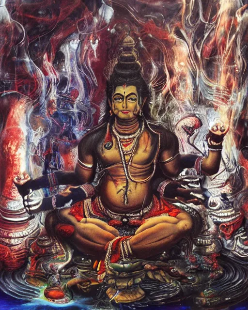 Prompt: One many-armed Shiva sits. In the background gasoline on the water. Dark colors, extremely high detail, hyperrealism, masterpiece, close-up, ceremonial portrait, solo, rich deep colors, realistic, art by Yoshitaka Amano