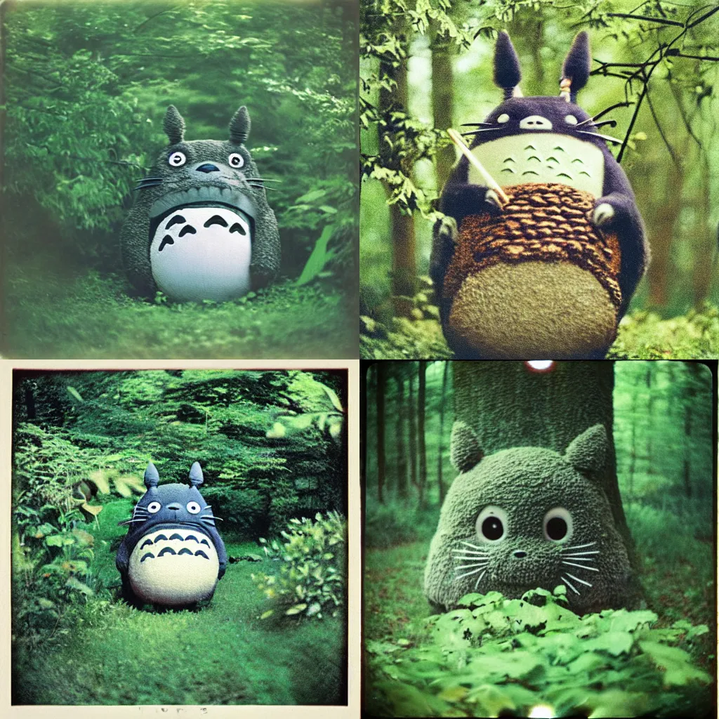 Prompt: “Totoro, surrounded bY foliage, dreamy autochrome pinhole photography”