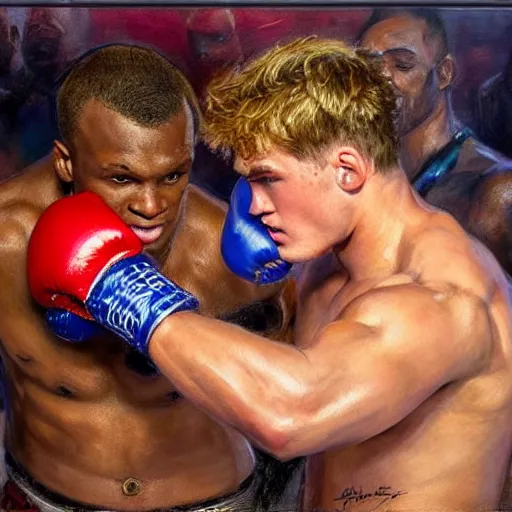 Image similar to a beautiful painting of ksi fist - fighting jake paul in a boxing ring, rendered art, highly detailed painting by gaston bussiere, craig mullins, j. c. leyendecker 8 k, trending on artstation, art, fighting, watercolor