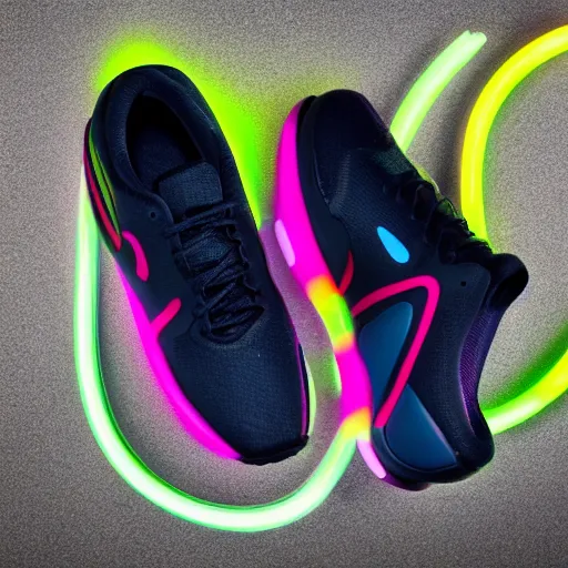 Prompt: a futuristic set of sneakers, neon accents, official nike product photo