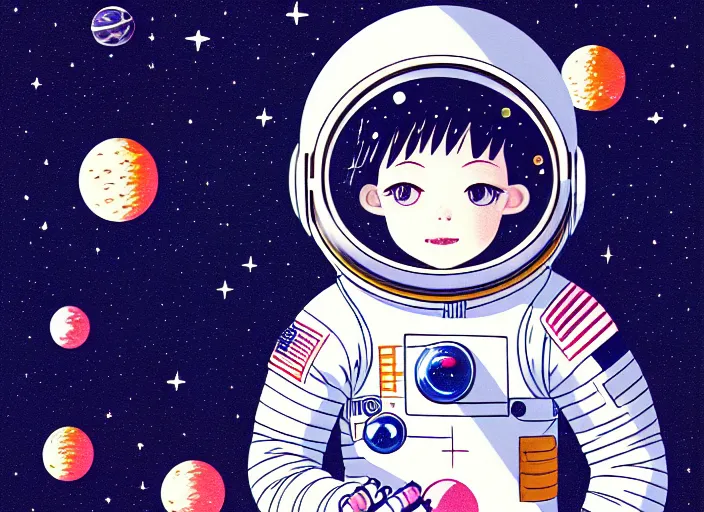 Prompt: portrait of a young astronaut girl floating inside a spacestation,ink stippling, Karolis Strautniekas,omoide emanon, tsuruta kenji, murata range,kawaii, kyoto animation, manga, intricate, detailed, studio lighting, gradation,editorial illustration, matte print, Ilya Kuvshinov