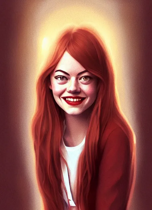 Image similar to portrait of teenage emma stone, long haircut, flowing ginger hair, white shirt, red tie, smiling kindly, soviet house at background, 1 9 8 0 s, intricate, elegant, glowing lights, highly detailed, digital painting, artstation, concept art, smooth, sharp focus, illustration, art by wlop, mars ravelo and greg rutkowski