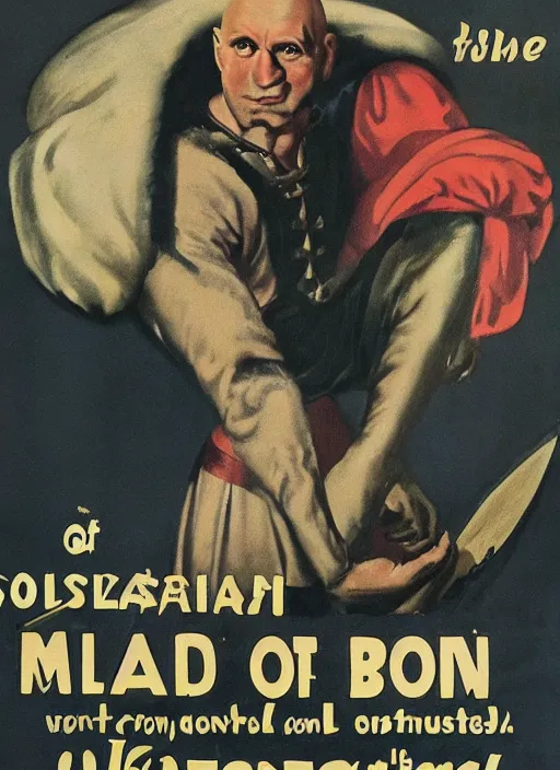 Image similar to portrait of glamorous bald medieval man with annoyed gesture, 1940s propaganda poster, full hd,highly detailed