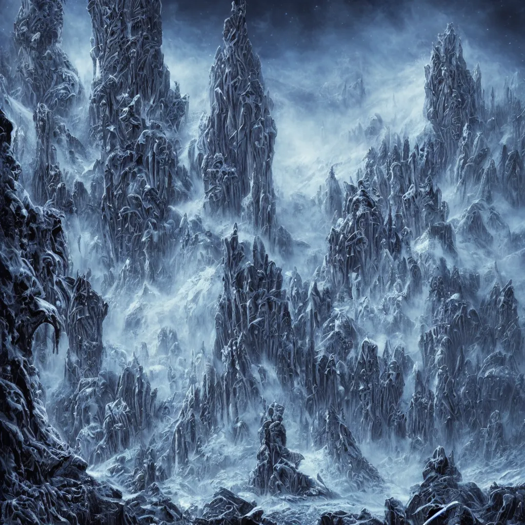 Prompt: frozen ancient alien cityscape in the mountains of antarctica, upward cinematic angle, by rodney matthews, michael kaluta, and john byrne, fantasy art, evil atmosphere, winter night aesthetics, stunning composition, alien faces, monstrous behemoth statues, intricate, strange, elegant, digital art, hyperdetailed towers, colorful hyperrealism, brilliant photorealism, masterpiece, 8k