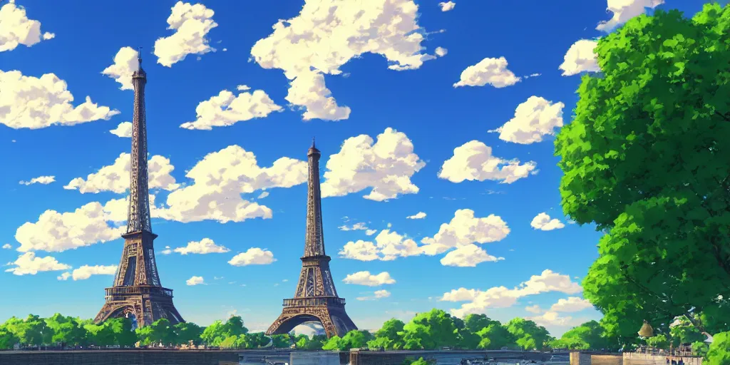 Image similar to a view on eiffel tower from seine with amazing clouds and blue sky, in the style of makoto shinkai anime and studio ghibli anime, colorful, romantic, 4 k resolution, artstation, pixiv, anime background,