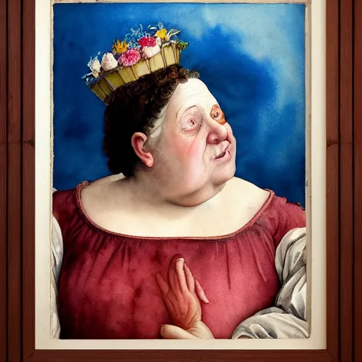 Image similar to of a very funny renaissance style watercolor painting of a sweet fat old woman kissing her reflection. symmetrical face, red mouth, blue eyes. a flowered dress. a hyper - realistic scene. 3 d, octane processing, deep focus, white scene. a very funny and sweet picture. unreal engine. watercolor. fellini cinematic style. poster quality. freud painting style.