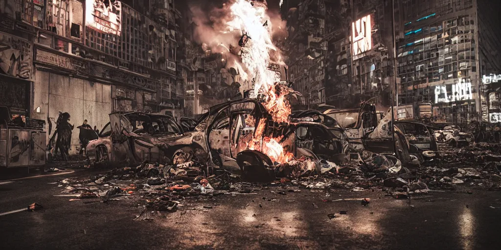 Prompt: post apocalyptic city, revolutionary punk masked up punk, fire, damaged, trash, full shot, by liam wong