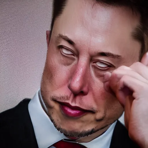 Prompt: voyeuristic cropped closeup of elon musk crying in a dimly lit cave, warm lighting, sony 5 0 mm lens