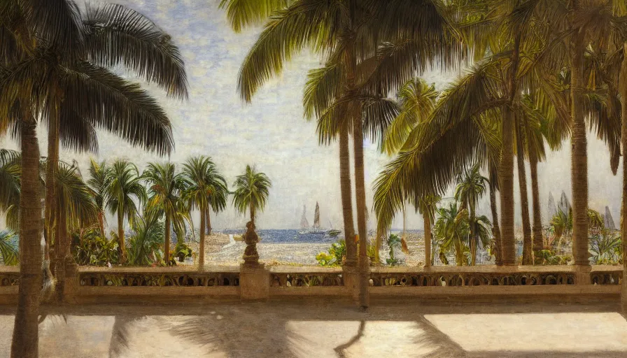 Prompt: a ultradetailed beautiful painting of the inside in the amazonas palace balustrade designed by jules bastien - lepage, tarsila do amaral, frank weston and gustave baumann, beach, trending on artstation, mediterranean, palm trees, sharp focus, soft light, 8 k 4 k