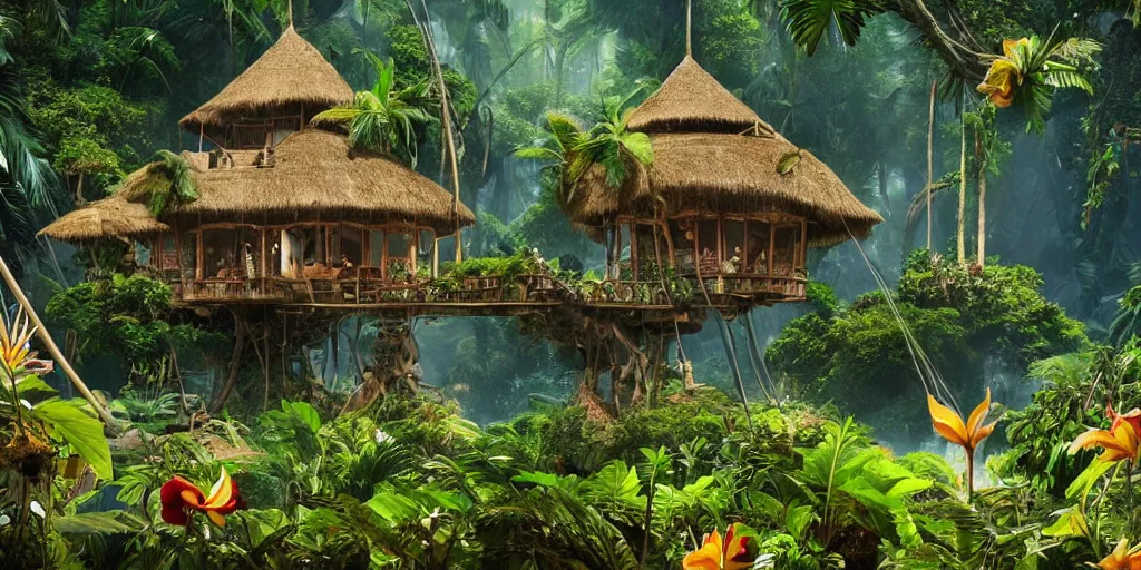 Prompt: live action cinematic version of swiss family robinson where gravity doesn't exist, robinson family treehouse on a floating island, uninhabited, overgrown, volumetric lighting, blooming tropical flowers and datura, dynamic lighting, cinematic