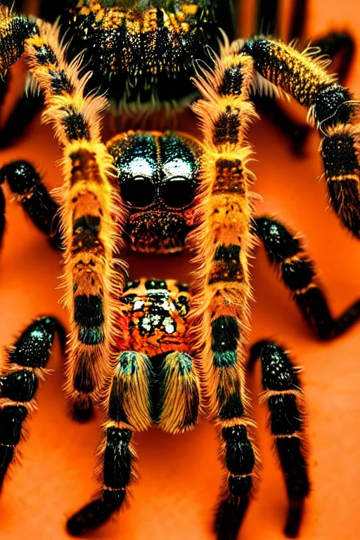 Prompt: high quality close-up photo rococo holographic tarantula! jewelled gorgeous! highly detailed david ligare elson peter cinematic orange neon lighting high quality low angle hd 8k sharp shallow depth of field