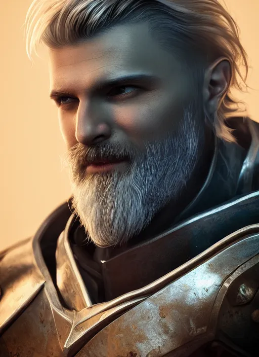 Image similar to an epic fantastic realism comic book style portrait painting of an aasimar paladin, male, silver hair, short brown beard, d & d concept art, unreal 5, daz, teal aesthetic, octane render, cosplay, rpg portrait, dynamic lighting