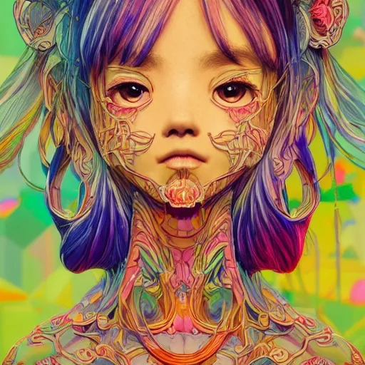 Prompt: the face of a ridiculously beautiful and cute japanese girl partially made of onion rings of all colors looking down, an ultrafine detailed illustration by james jean, final fantasy, intricate linework, bright colors, behance contest winner, vanitas, angular, altermodern, unreal engine 5 highly rendered, global illumination, radiant light, detailed and intricate environment