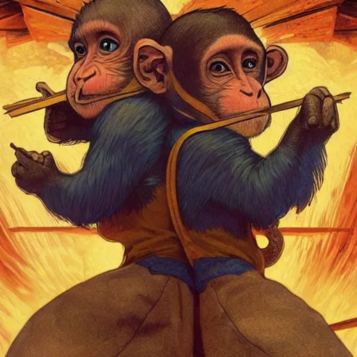 Image similar to [two monkeys throwing books in a bonfire, behind them space rockets are taking off. propaganda, closeup, D&D, intricate, elegant, highly detailed, digital painting, artstation, concept art, matte, sharp focus, illustration, art by Artgerm and Greg Rutkowski and Alphonse Mucha and Enki Bilal]