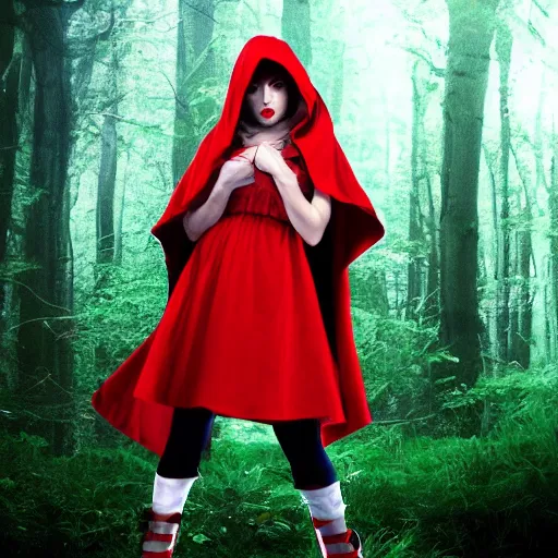 Prompt: full body photo of red riding hood rogue warrior