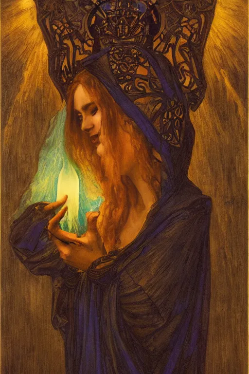 Prompt: queen of the dark angels with her lantern by Annie Swynnerton and Nicholas Roerich and jean delville, strong dramatic cinematic lighting , ornate headdress , flowing robes, lost civilizations, smooth, sharp focus, extremely detailed