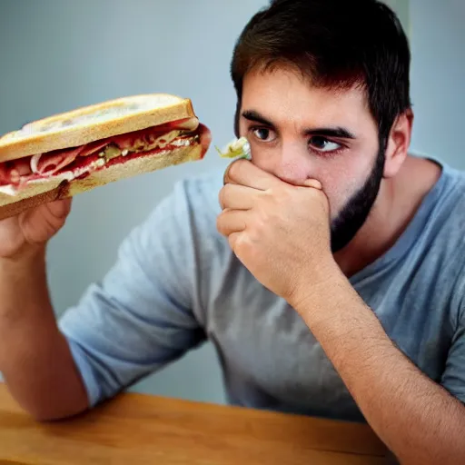 Image similar to a man eating a sandwhich while looking sad, realistic photo,