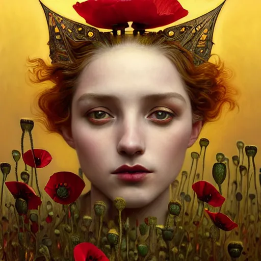 Image similar to young poppy queen, unique non conventional beauty, surreal, fantasy, intricate, elegant, dramatic lighting, emotionally evoking symbolic metaphor, highly detailed, lifelike, photorealistic, digital painting, artstation, concept art, smooth, sharp focus, illustration, art by Krenz Cushart and Artem Demura and Alphonse Mucha and Albert Aublet